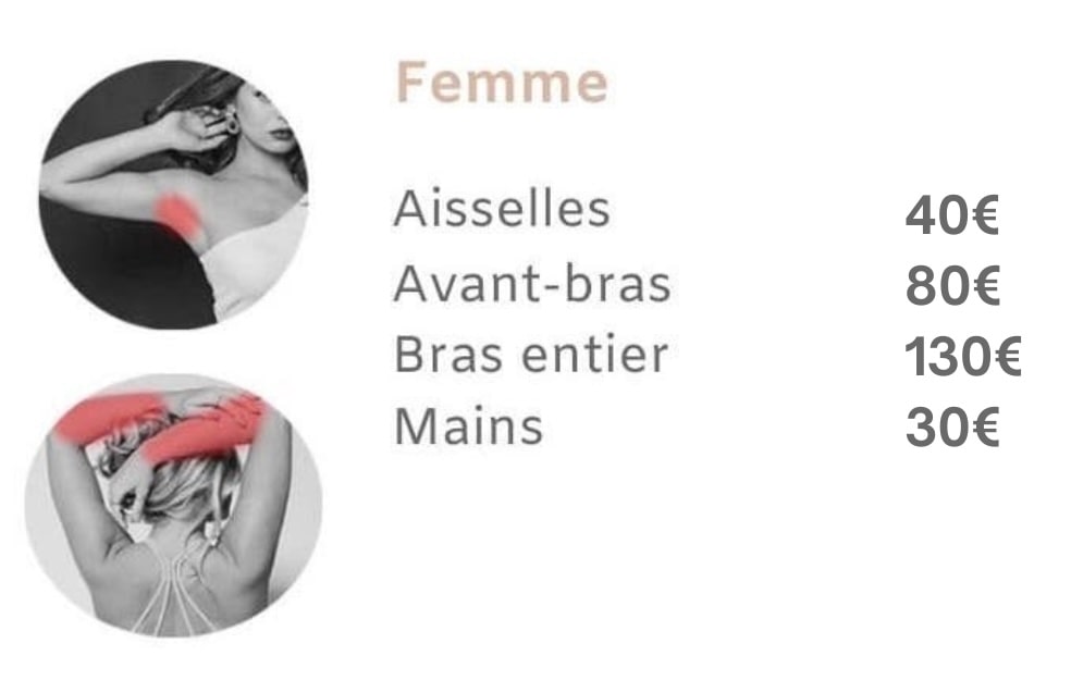 Tarifs épilation laser aisselles bras Femme